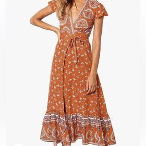 Maxi Dress Medium Boho Wrap Cottage Prairie Floral Long dress Vacation cruise